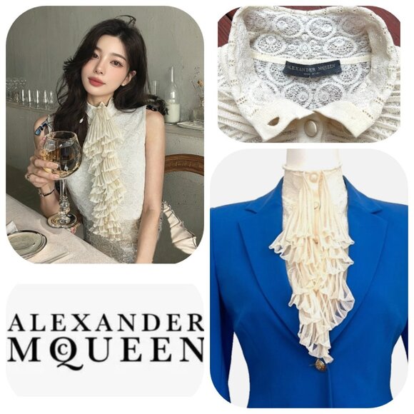Alexander McQueen Jabot Collar Stretchy lace Sleeveless button up blouse L - Picture 6 of 16